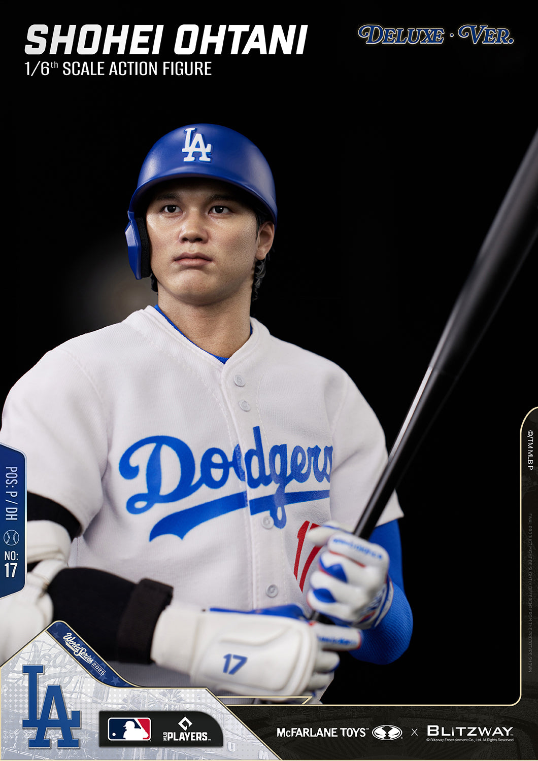 Shohei Ohtani 1/6 Scale Action Figure Deluxe Version by McFarlane Toys and Blitzway in a batting pose wearing the Los Angeles Dodgers uniform.