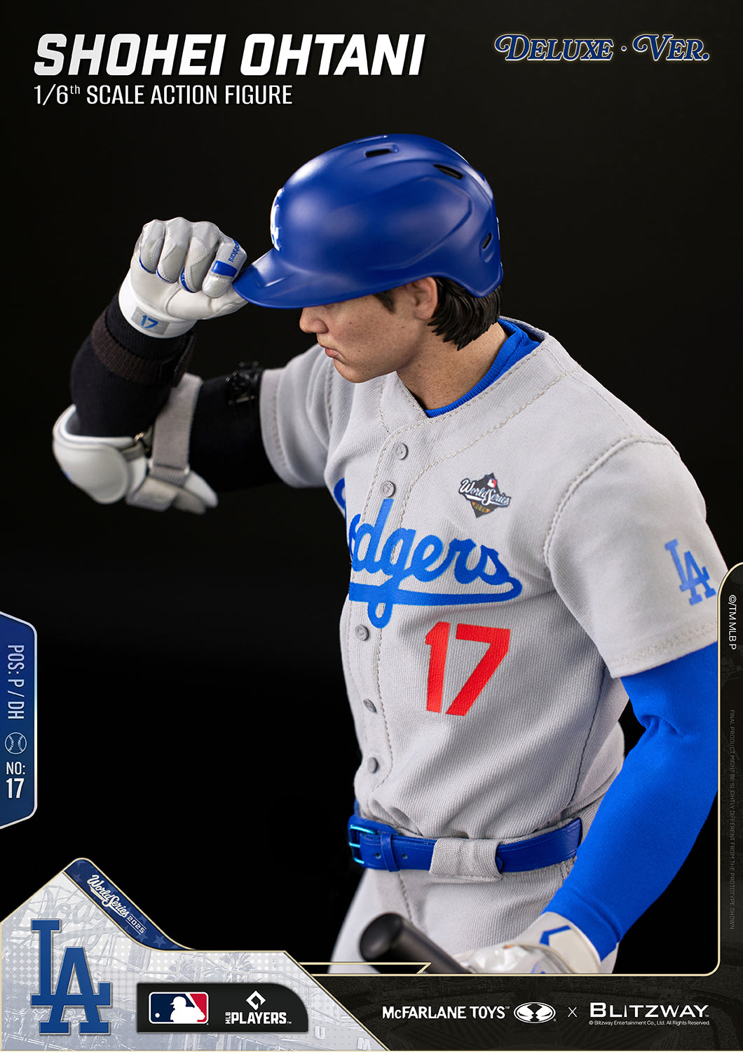 Shohei Ohtani 1/6 Scale Action Figure Deluxe Version by McFarlane Toys and Blitzway in a cap-tipping pose with detailed Dodgers uniform and batting helmet.