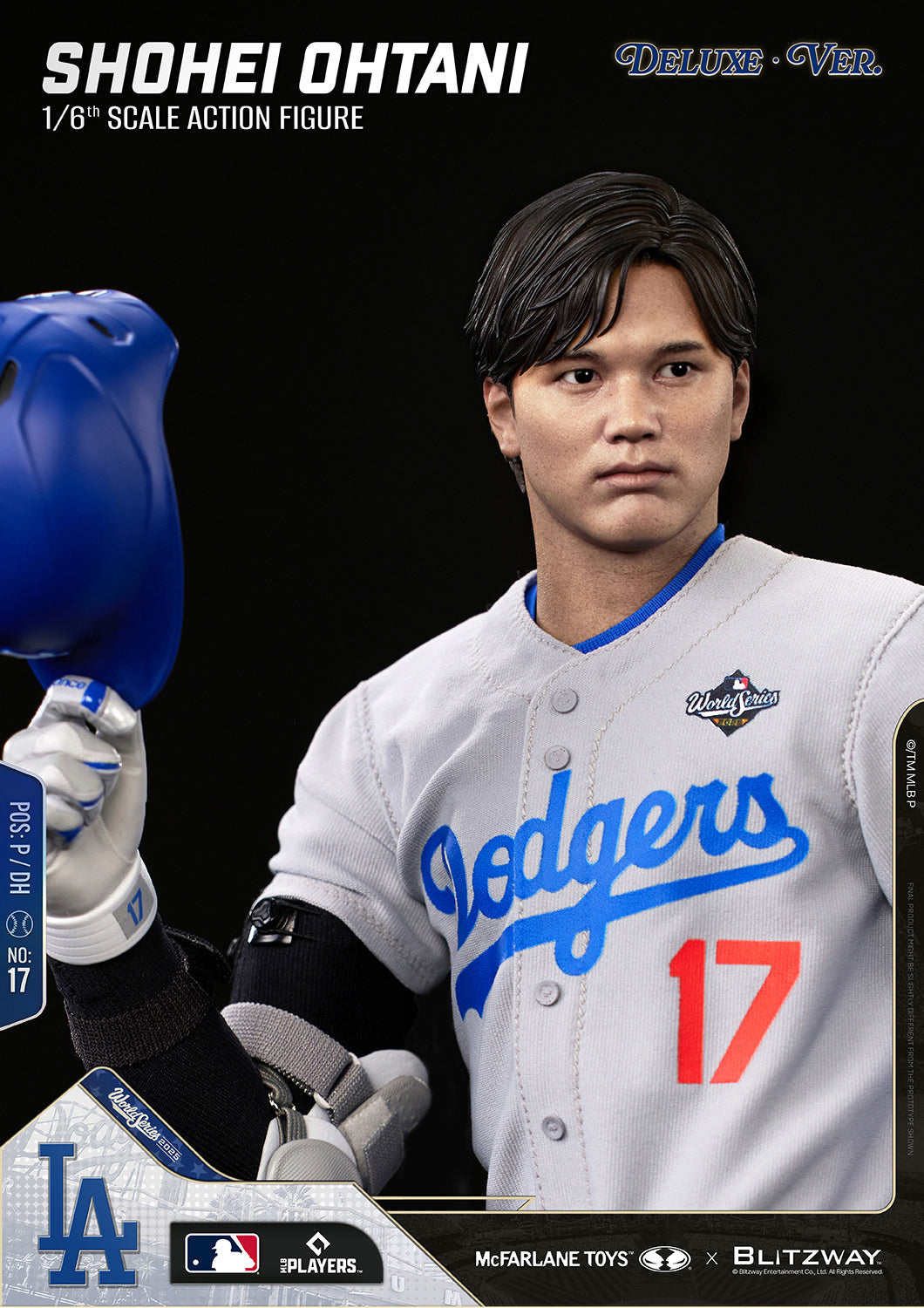 Close-up of the Shohei Ohtani 1/6 Scale Action Figure Deluxe Version by McFarlane Toys and Blitzway showing the removable helmet feature with the helmet held in hand.