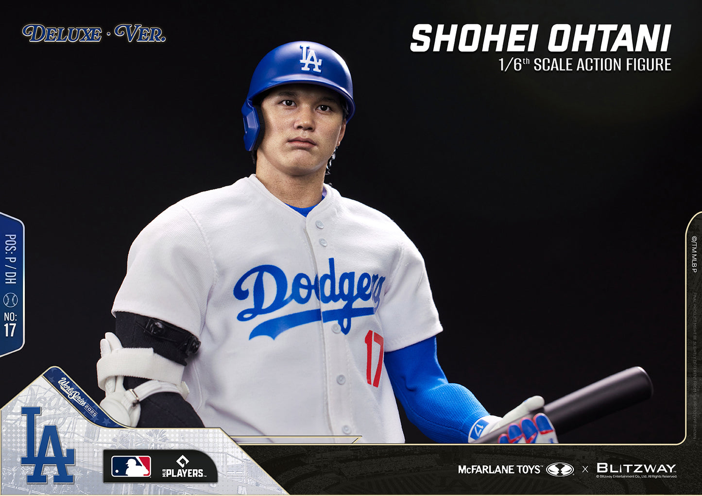 Close-up of the Shohei Ohtani 1/6 Scale Action Figure Deluxe Version by McFarlane Toys and Blitzway, highlighting the realistic head sculpt and Los Angeles Dodgers uniform.