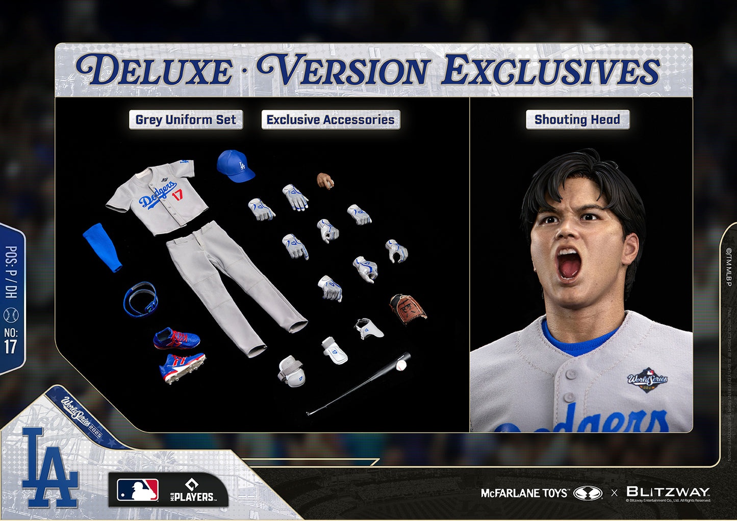 Shohei Ohtani 1/6 Scale Action Figure Deluxe Version by McFarlane Toys and Blitzway showcasing the Deluxe Version exclusive contents, including the gray uniform set, exclusive accessories, and exclusive shouting head sculpt.