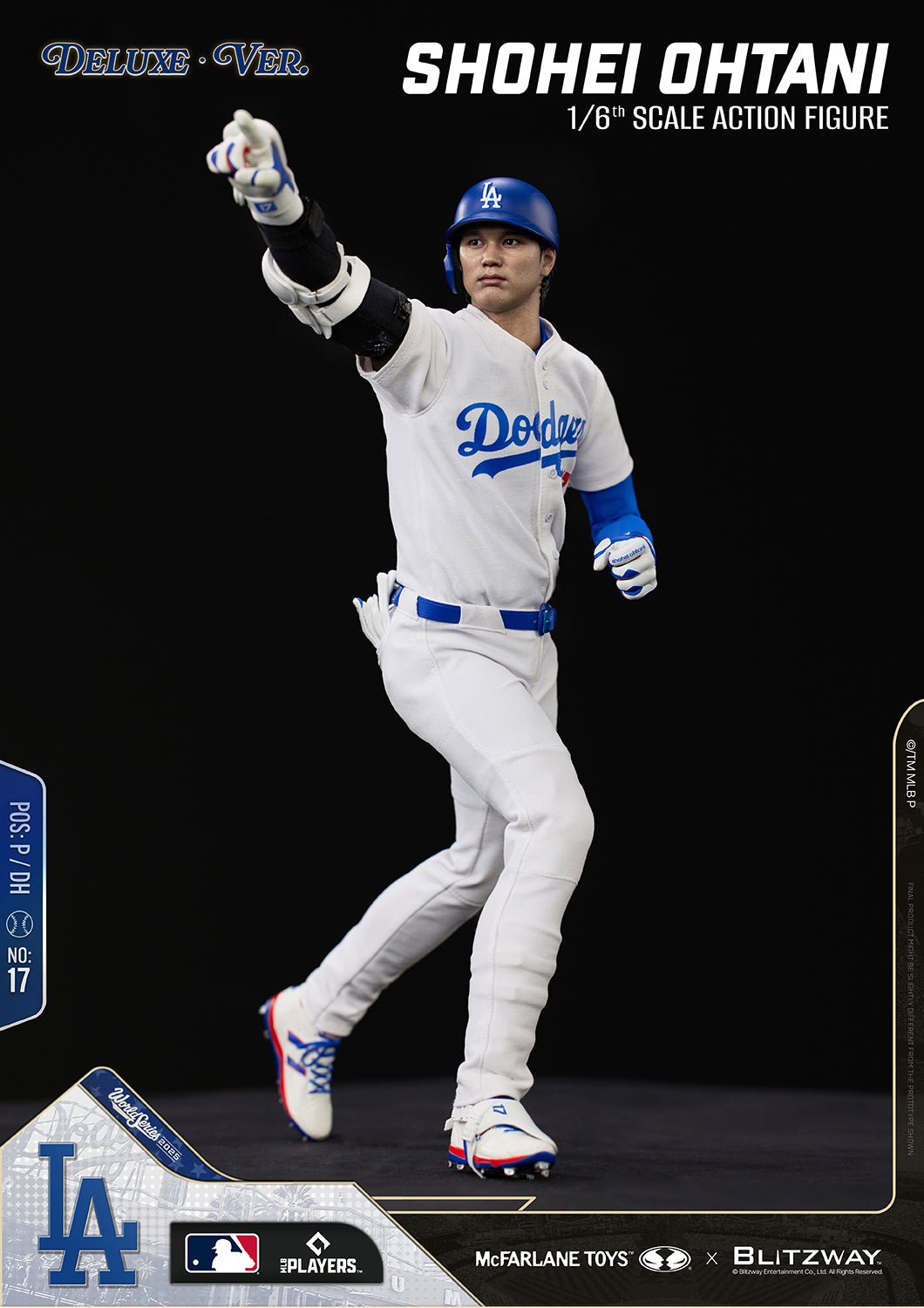 Full-body view of the Shohei Ohtani 1/6 Scale Action Figure Deluxe Version by McFarlane Toys and Blitzway in a dynamic pointing pose wearing a Los Angeles Dodgers batting helmet and uniform.