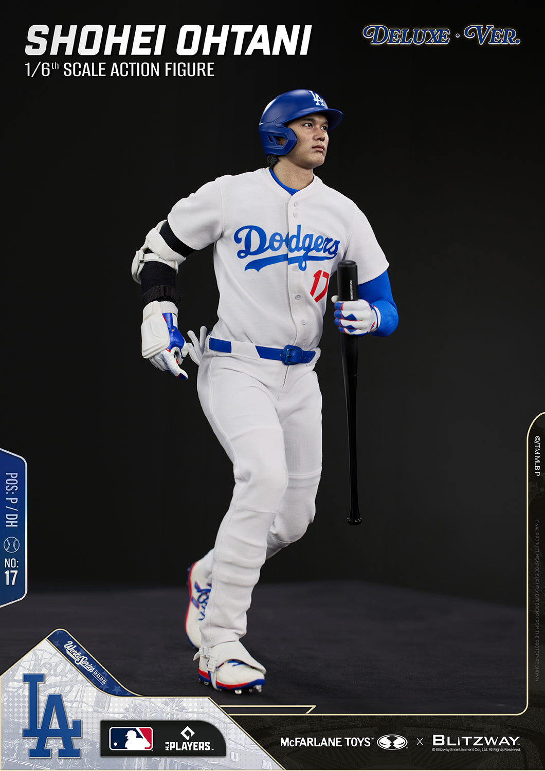 Full-body view of the Shohei Ohtani 1/6 Scale Action Figure Deluxe Version by McFarlane Toys and Blitzway in a dynamic running pose wearing a Los Angeles Dodgers batting helmet and holding a baseball bat.