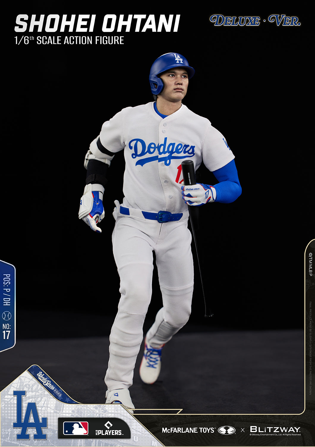 Full-body view of the Shohei Ohtani 1/6 Scale Action Figure Deluxe Version by McFarlane Toys and Blitzway in a dynamic running pose wearing the Los Angeles Dodgers uniform and holding a baseball bat.