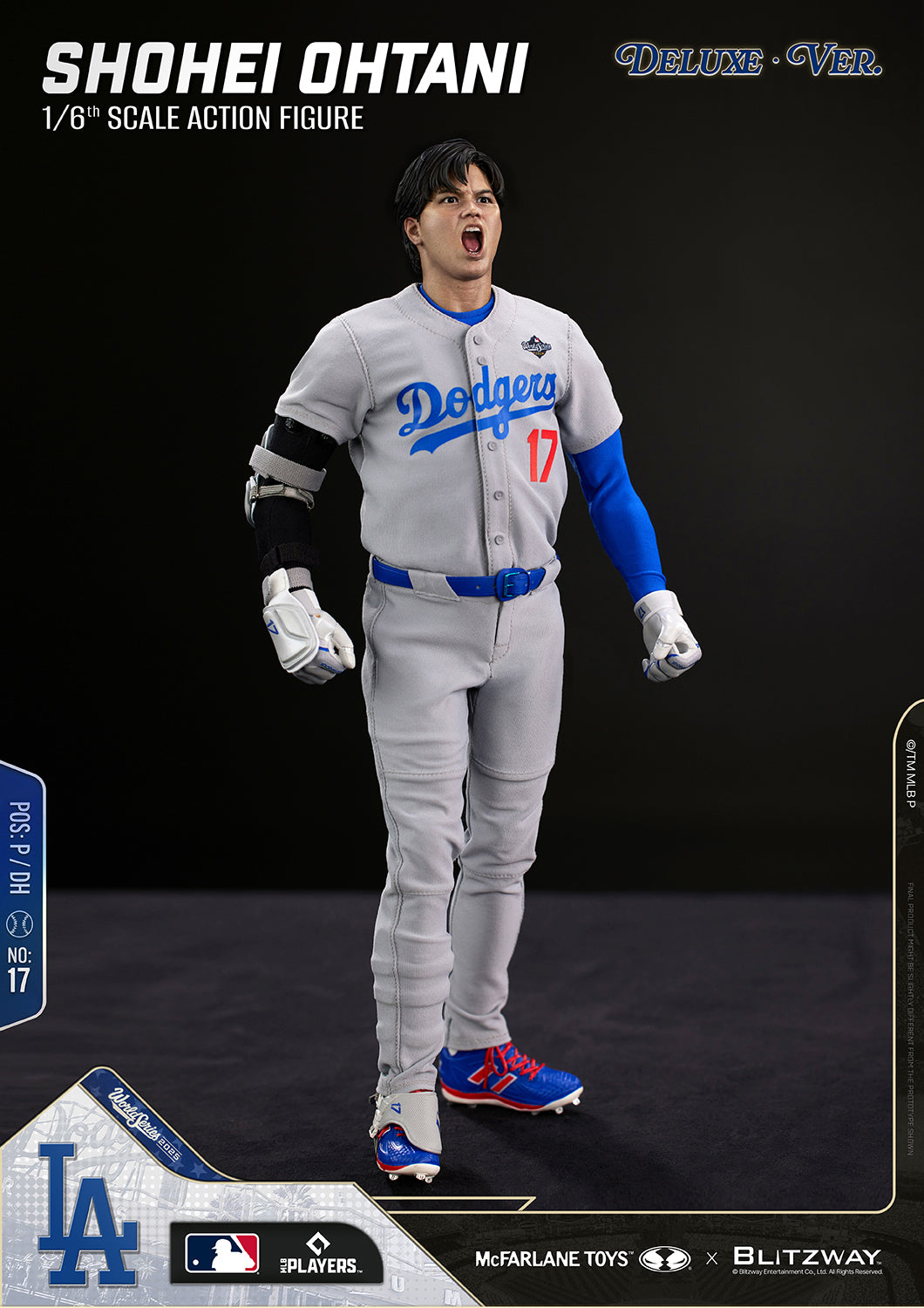 Full-body view of the Shohei Ohtani 1/6 Scale Action Figure Deluxe Version by McFarlane Toys and Blitzway featuring the alternate shouting expression head in a powerful standing pose.