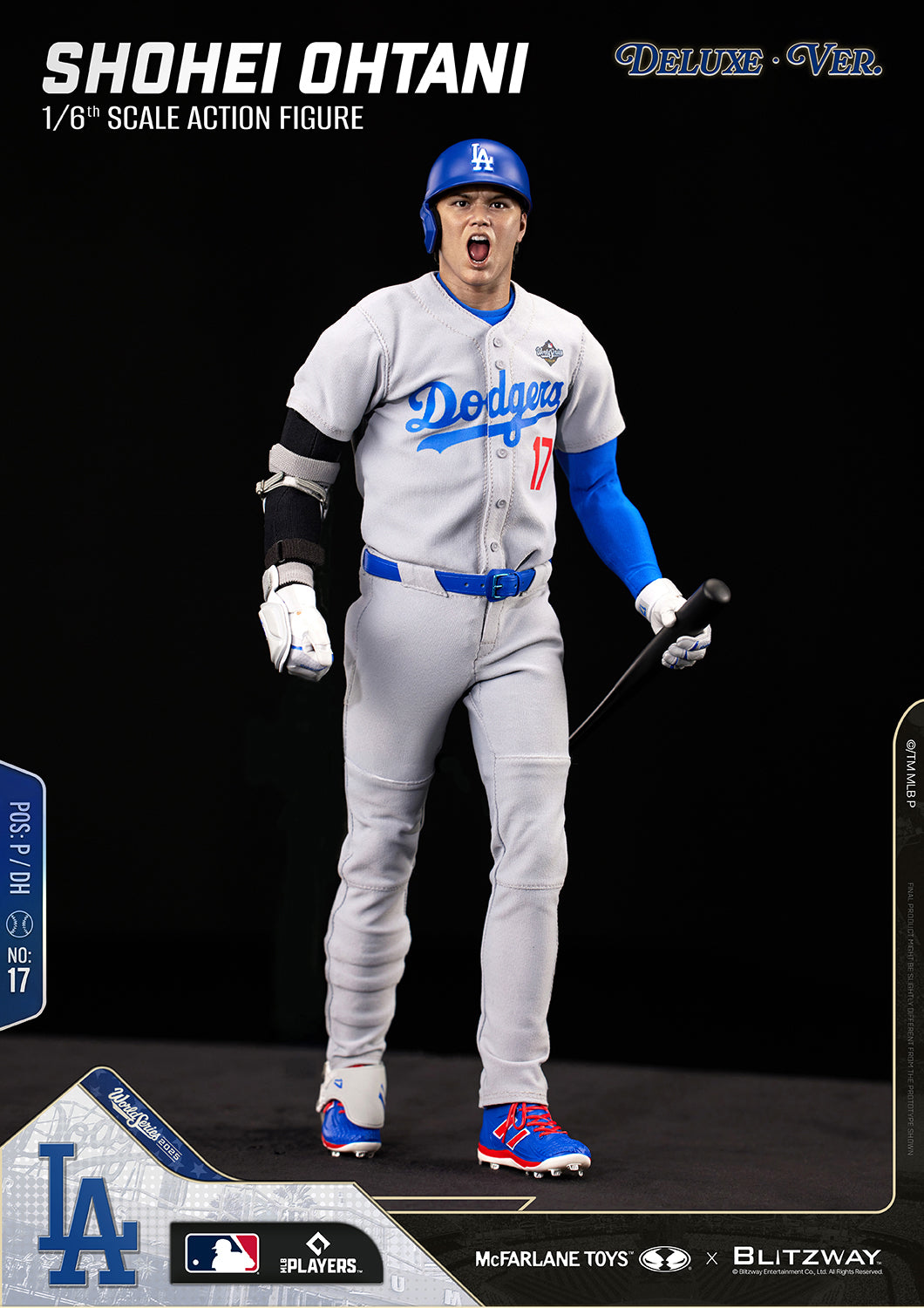 Full-body view of the Shohei Ohtani 1/6 Scale Action Figure Deluxe Version by McFarlane Toys and Blitzway featuring a dynamic shouting pose with the alternate expression head.