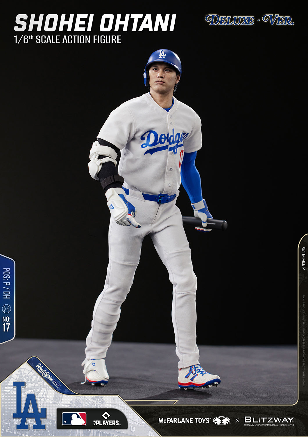 Full-body view of the Shohei Ohtani 1/6 Scale Action Figure Deluxe Version by McFarlane Toys and Blitzway standing in the Los Angeles Dodgers uniform with a baseball bat.