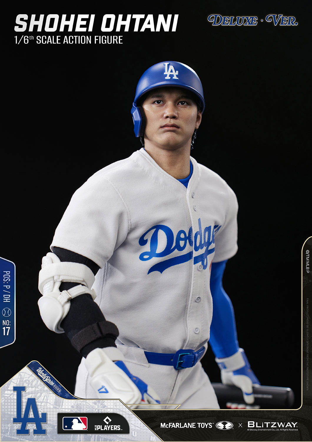 Close-up of the Shohei Ohtani 1/6 Scale Action Figure Deluxe Version by McFarlane Toys and Blitzway wearing a Los Angeles Dodgers batting helmet and uniform.
