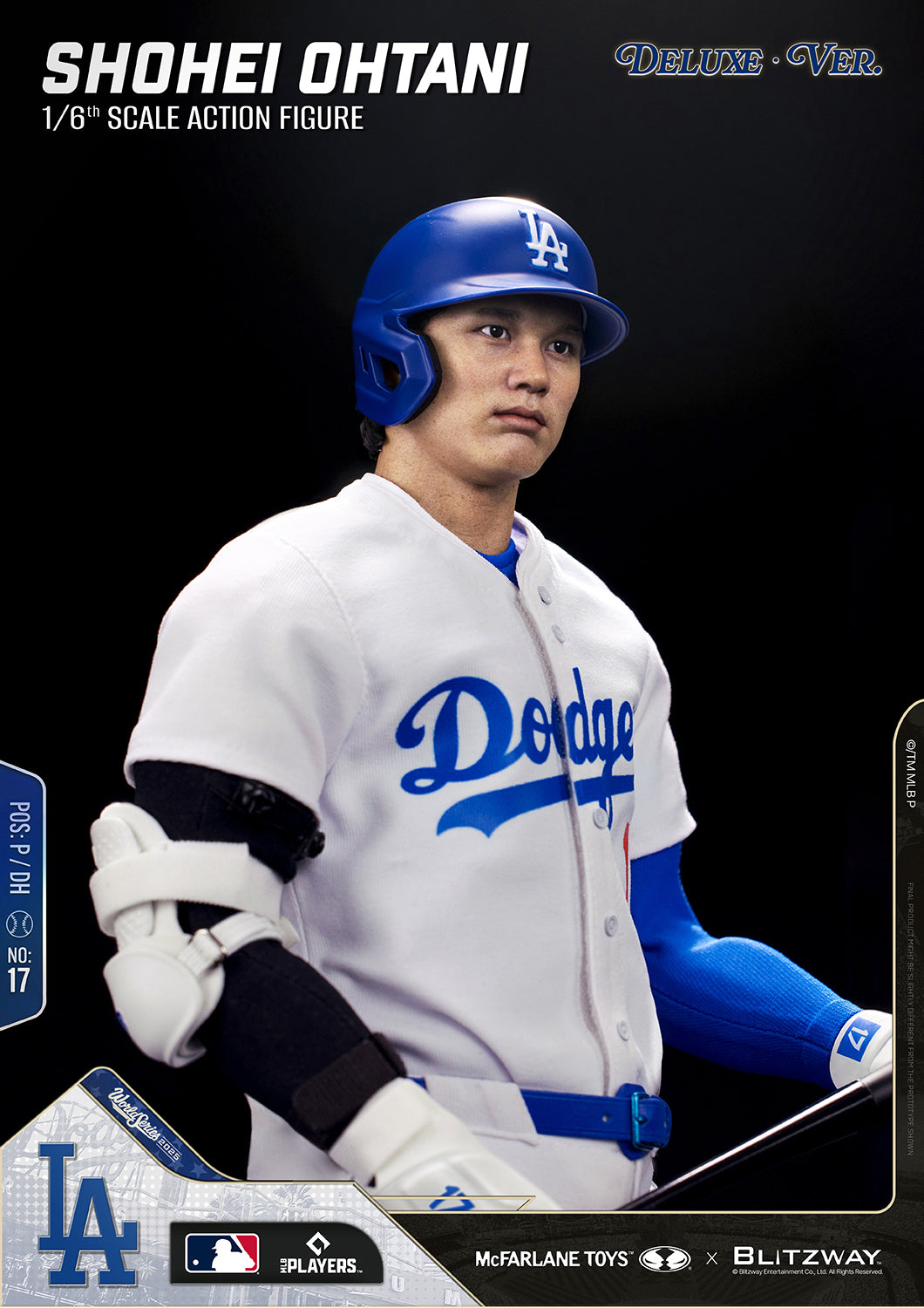 Close-up of the Shohei Ohtani 1/6 Scale Action Figure Deluxe Version by McFarlane Toys and Blitzway featuring the helmeted head sculpt and Los Angeles Dodgers uniform.