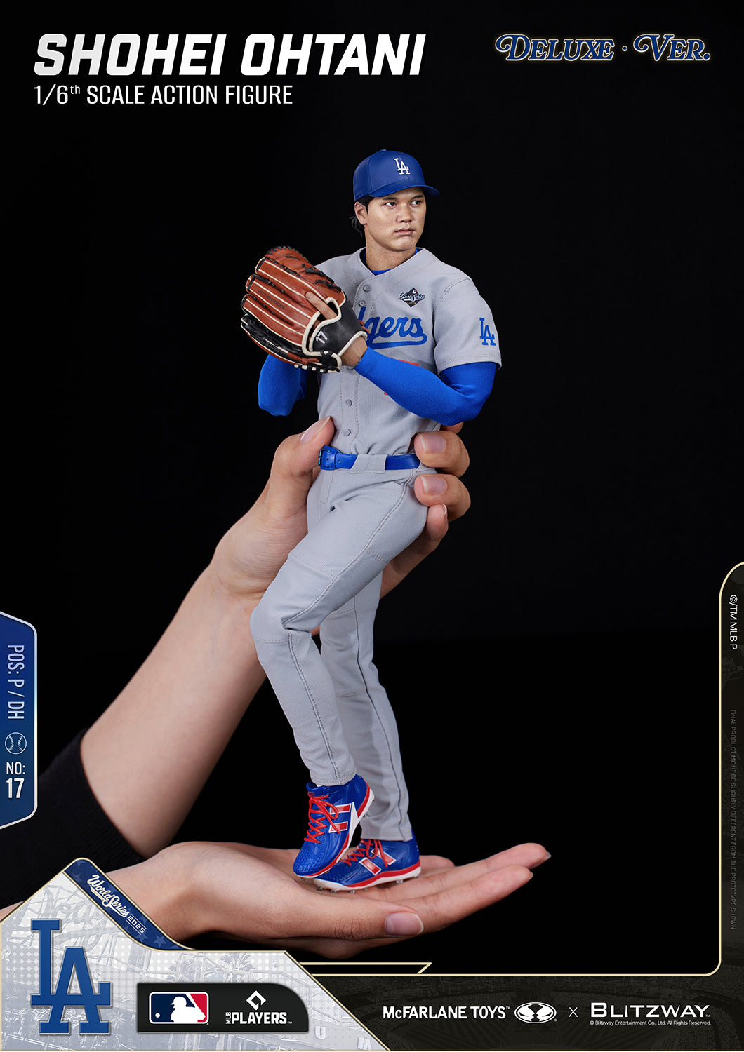 Shohei Ohtani 1/6 Scale Action Figure Deluxe Version by McFarlane Toys and Blitzway displayed in a person's hands to demonstrate the figure's scale, wearing the Los Angeles Dodgers gray uniform with realistic detailing.