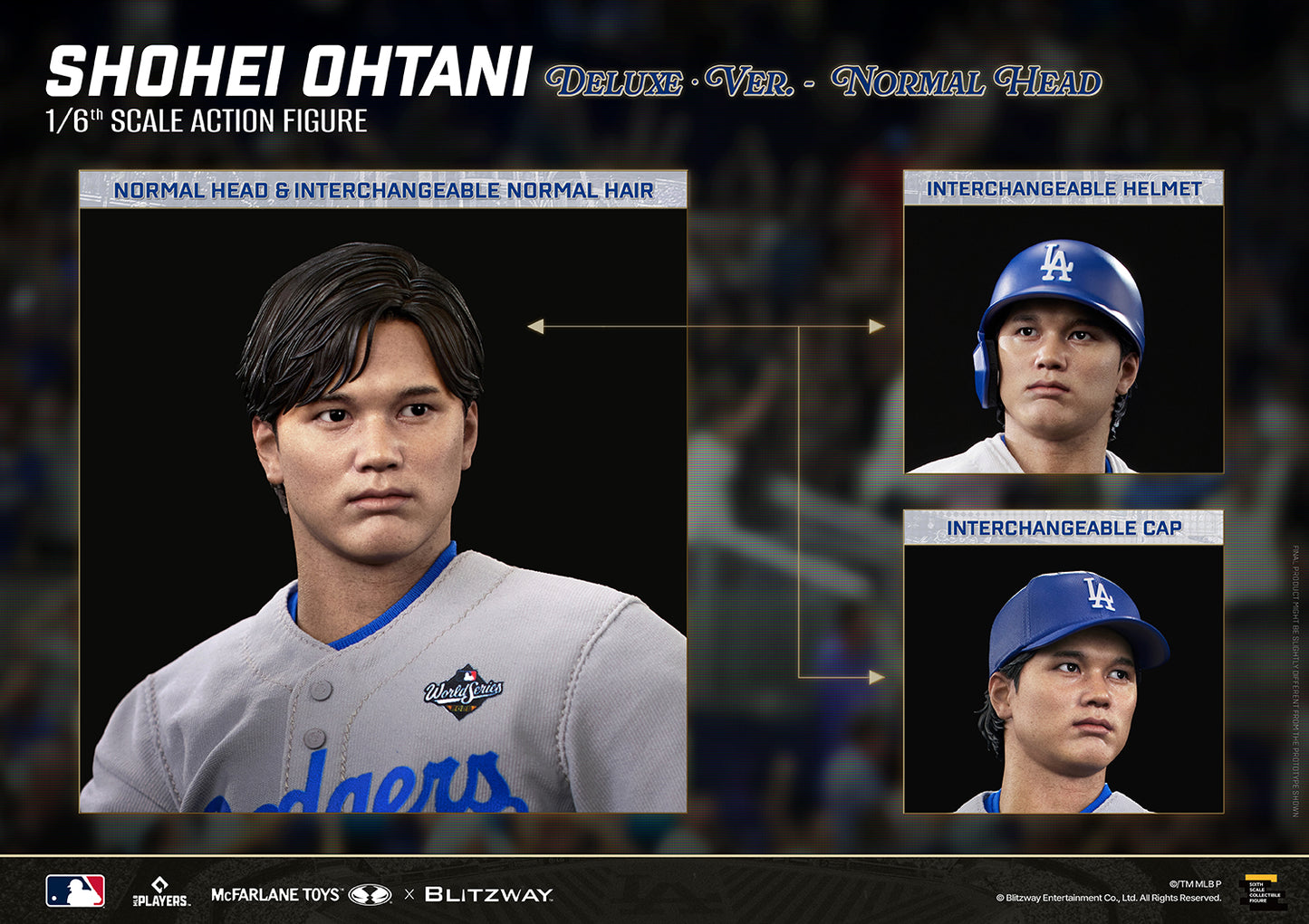 Shohei Ohtani 1/6 Scale Action Figure Deluxe Version by McFarlane Toys and Blitzway showcasing the interchangeable head options, including the normal head with interchangeable hair, batting helmet, and baseball cap.