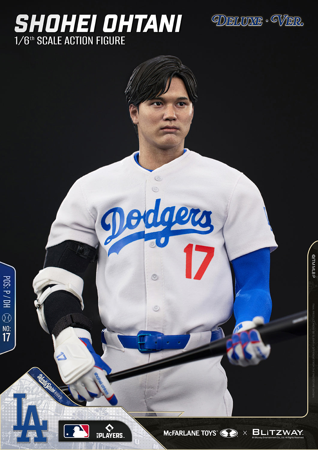 Shohei Ohtani 1/6 Scale Action Figure Deluxe Version by McFarlane Toys and Blitzway featuring the unhelmeted head sculpt while wearing the Los Angeles Dodgers uniform.