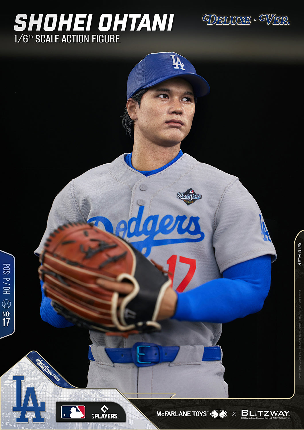 Close-up of the Shohei Ohtani 1/6 Scale Action Figure Deluxe Version by McFarlane Toys and Blitzway in a pitching pose wearing the Los Angeles Dodgers uniform and holding a baseball glove.
