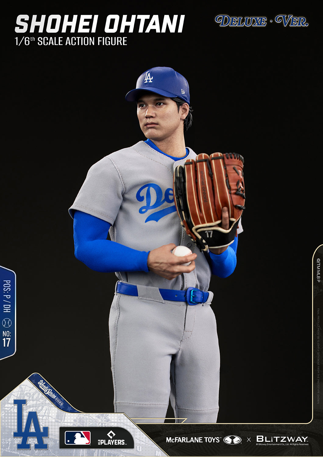 Shohei Ohtani 1/6 Scale Action Figure Deluxe Version by McFarlane Toys and Blitzway in a pitching set pose, holding a baseball and glove while wearing the Los Angeles Dodgers gray uniform with realistic game-ready details.
