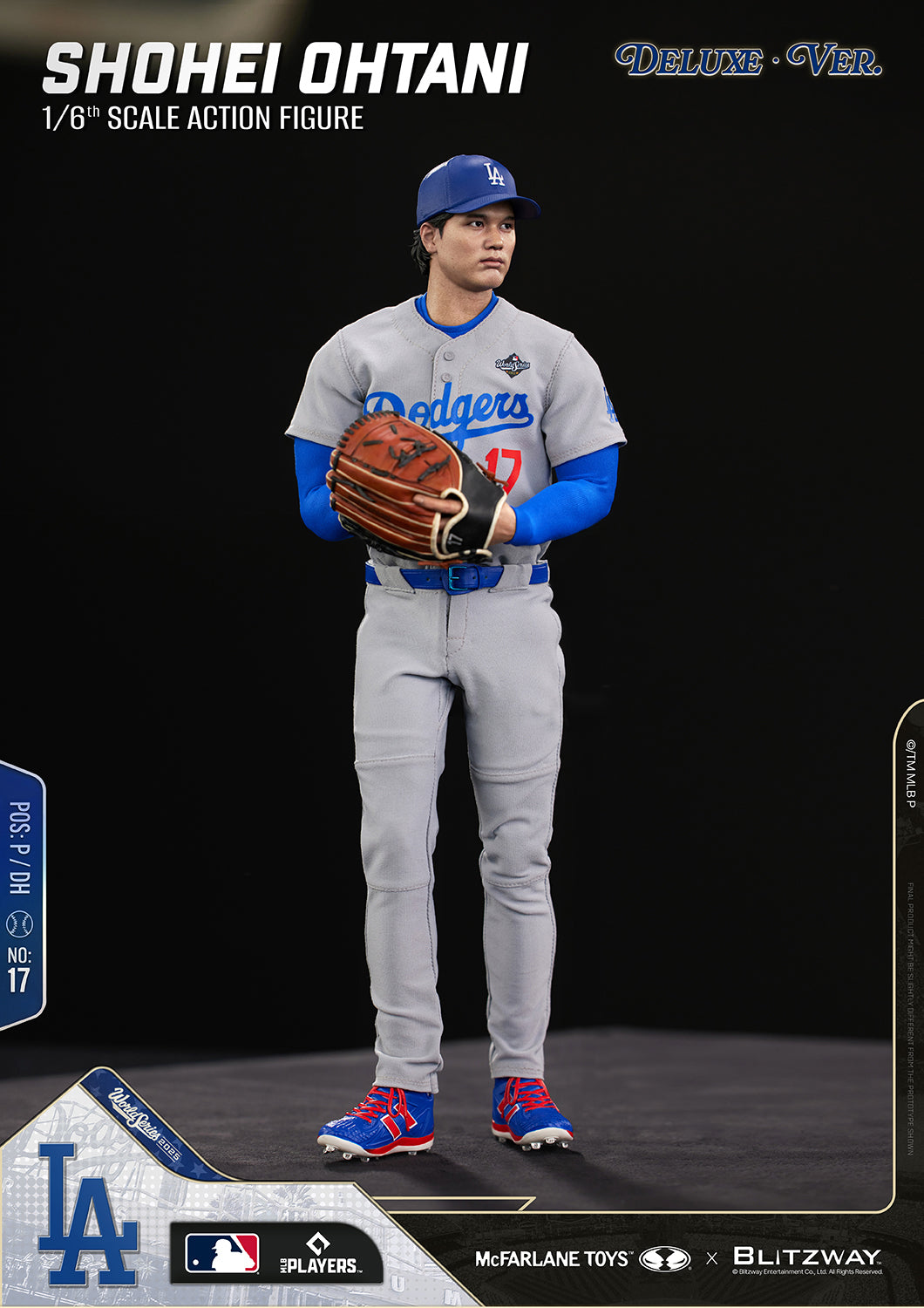 Shohei Ohtani 1/6 Scale Action Figure Deluxe Version by McFarlane Toys and Blitzway in a front-facing full-body pitching set position, holding a baseball glove at chest level while wearing the Los Angeles Dodgers gray uniform with realistic game-ready details.