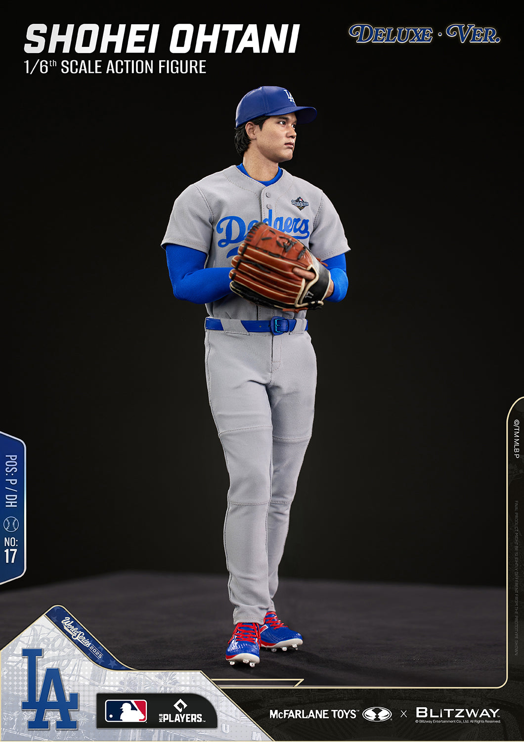 Shohei Ohtani 1/6 Scale Action Figure Deluxe Version by McFarlane Toys and Blitzway in a full-body pitching set position, holding a baseball glove in front of the chest while wearing the Los Angeles Dodgers gray uniform with realistic game-ready details.