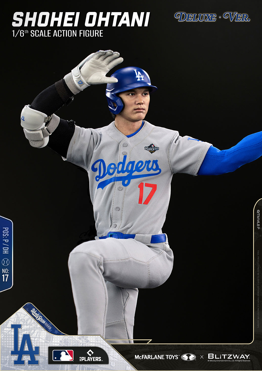 Shohei Ohtani 1/6 Scale Action Figure Deluxe Version by McFarlane Toys and Blitzway in a pitching windup pose, balancing on one leg with the Los Angeles Dodgers gray uniform, showcasing dynamic articulation and stability.
