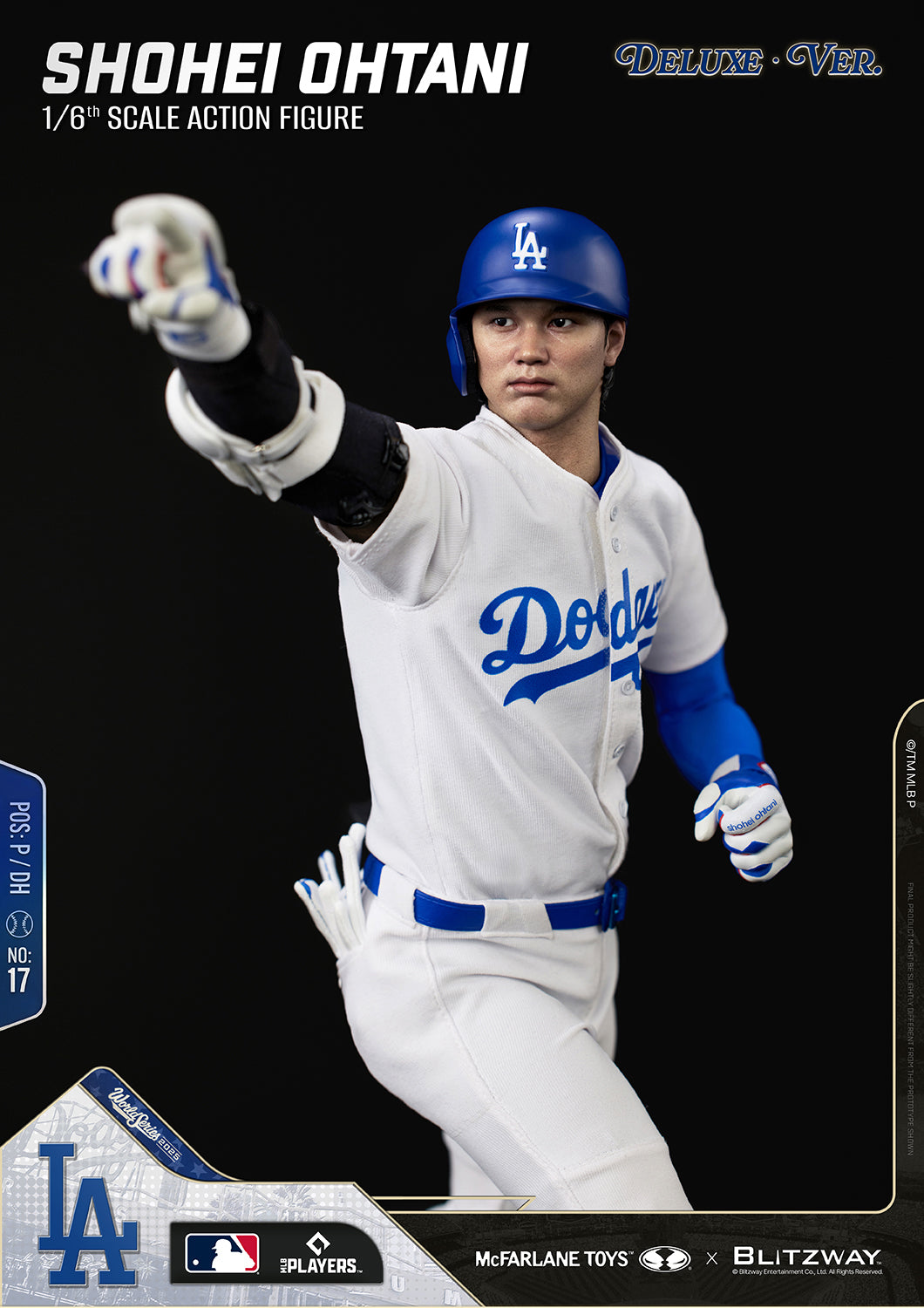Close-up of the Shohei Ohtani 1/6 Scale Action Figure Deluxe Version by McFarlane Toys and Blitzway in a dynamic pointing pose wearing the Los Angeles Dodgers uniform.