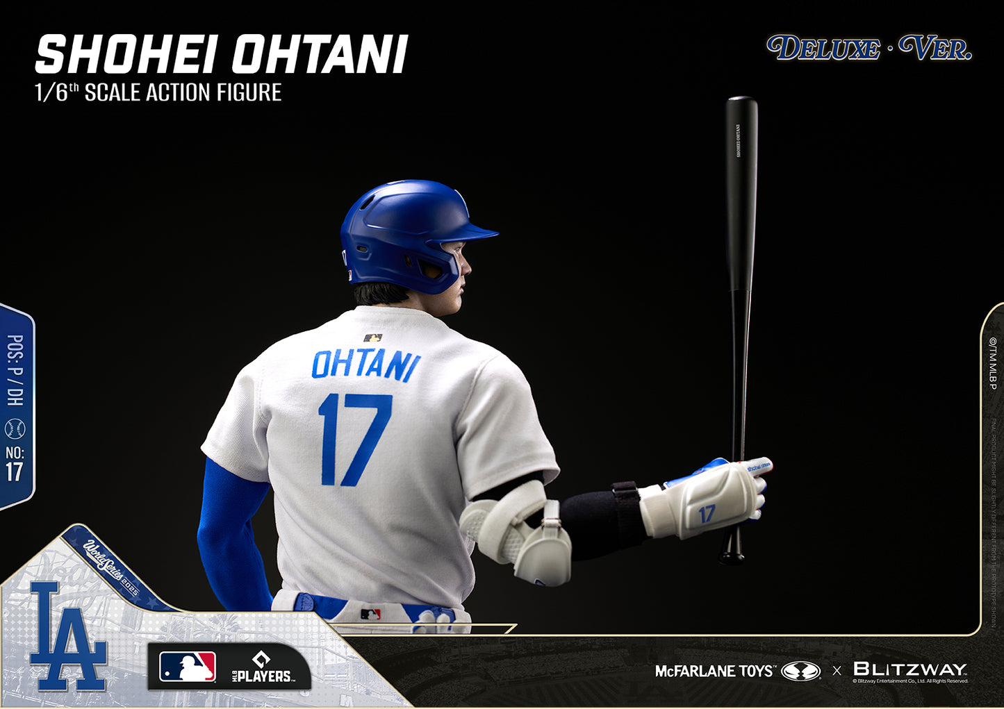 Rear view of the Shohei Ohtani 1/6 Scale Action Figure Deluxe Version by McFarlane Toys and Blitzway, showcasing the Los Angeles Dodgers jersey with Ohtani name and number 17.