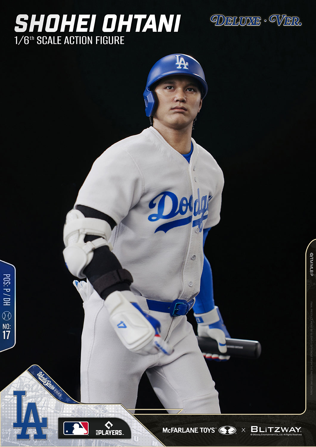 Close-up of the Shohei Ohtani 1/6 Scale Action Figure Deluxe Version by McFarlane Toys and Blitzway in a dynamic running pose wearing the Los Angeles Dodgers batting helmet and uniform.