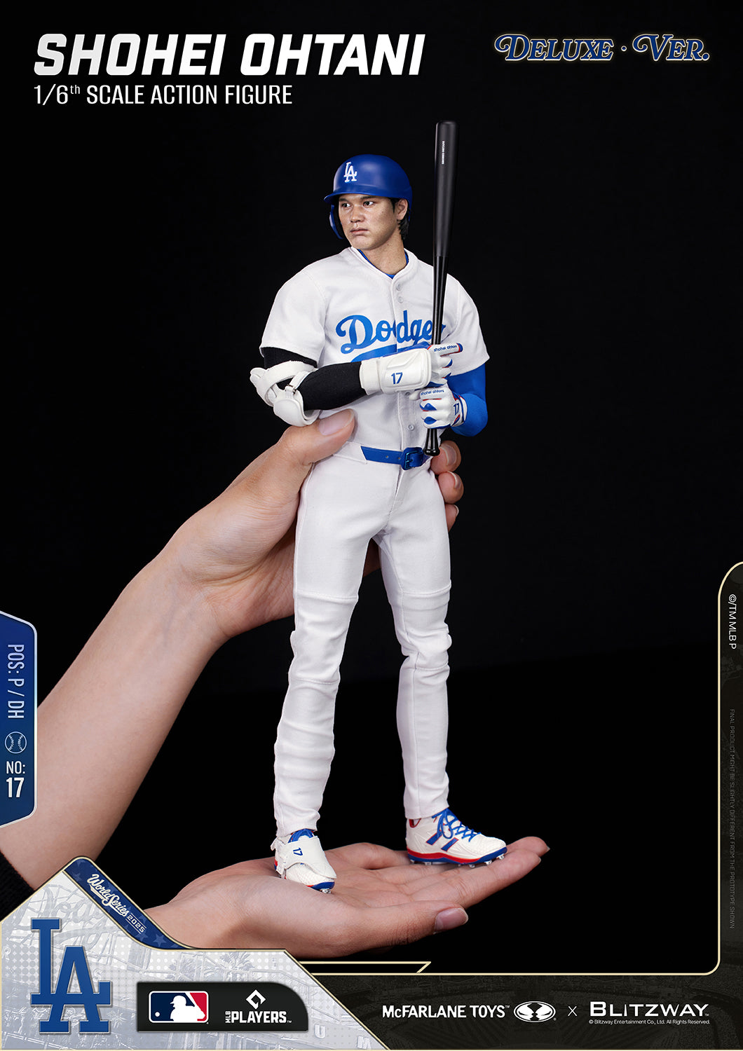 Shohei Ohtani 1/6 Scale Action Figure Deluxe Version by McFarlane Toys and Blitzway shown in hand for size comparison, wearing the Los Angeles Dodgers uniform and batting helmet.