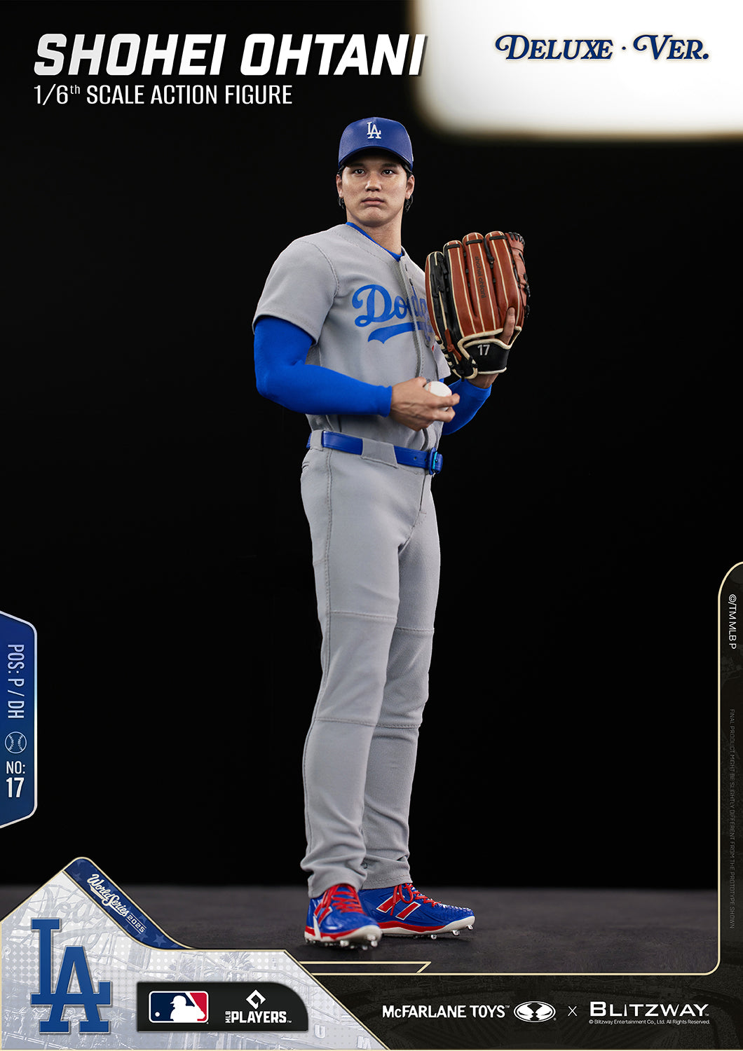 Shohei Ohtani 1/6 Scale Action Figure Deluxe Version by McFarlane Toys and Blitzway in a full-body set position pose with a baseball glove, wearing the Los Angeles Dodgers gray uniform and showcasing realistic pitching preparation.