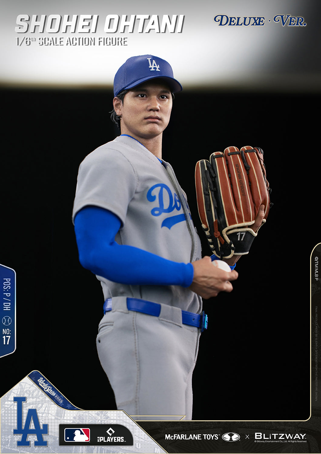 Shohei Ohtani 1/6 Scale Action Figure Deluxe Version by McFarlane Toys and Blitzway in a set position pose with a baseball glove, wearing the Los Angeles Dodgers gray uniform and showcasing realistic pitching preparation.