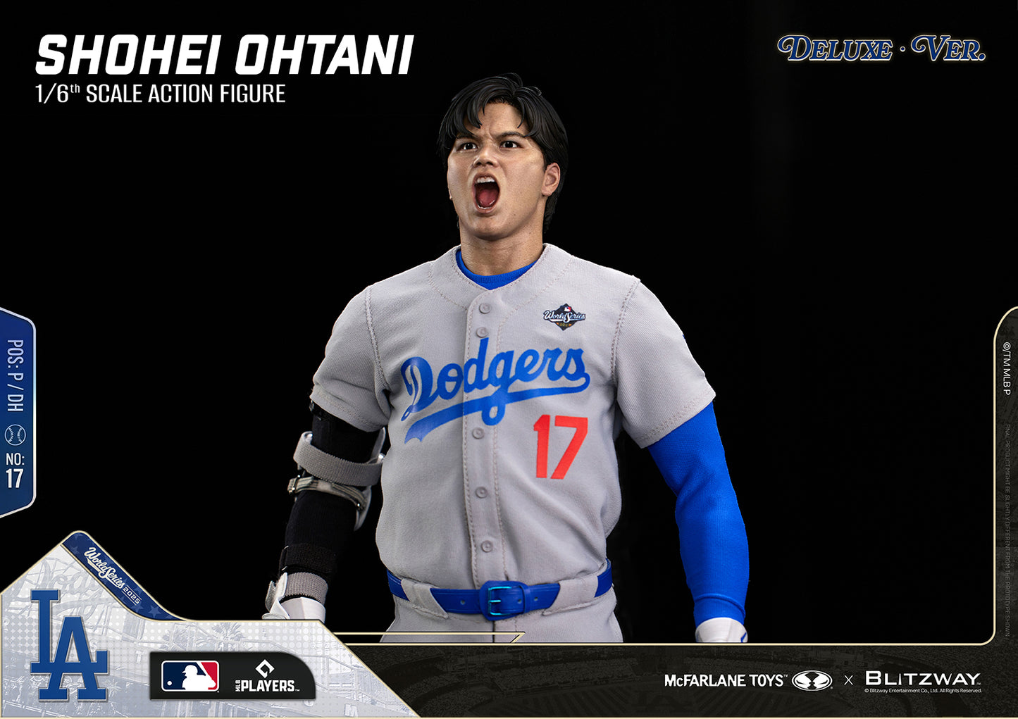 Shohei Ohtani 1/6 Scale Action Figure Deluxe Version by McFarlane Toys and Blitzway in a close-up shouting pose, wearing the Los Angeles Dodgers gray uniform with an intense facial expression and realistic game-ready details.