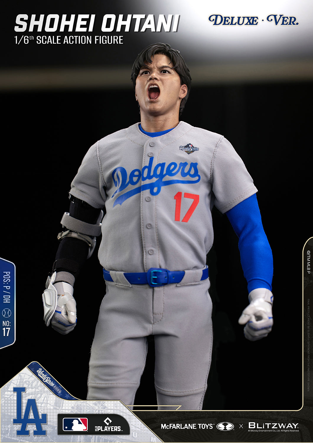 Front view of the Shohei Ohtani 1/6 Scale Action Figure Deluxe Version by McFarlane Toys and Blitzway featuring the alternate shouting expression head sculpt.