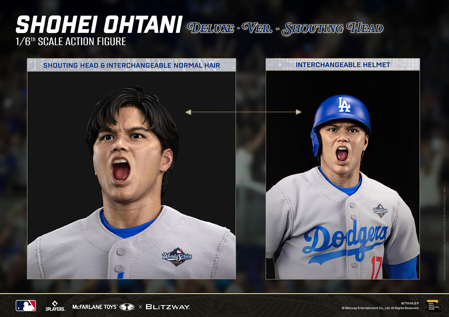 Shohei Ohtani 1/6 Scale Action Figure Deluxe Version by McFarlane Toys and Blitzway showcasing the interchangeable shouting head options, including the shouting head with interchangeable hair and batting helmet.