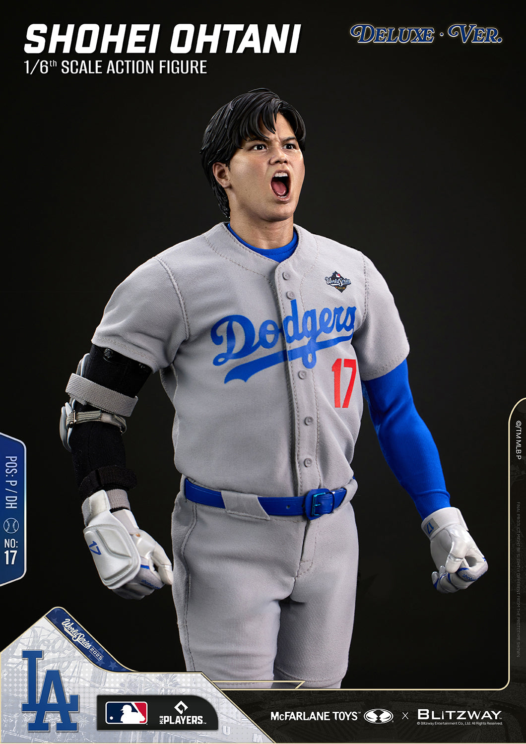 Three-quarter view of the Shohei Ohtani 1/6 Scale Action Figure Deluxe Version by McFarlane Toys and Blitzway featuring the alternate shouting expression head sculpt.