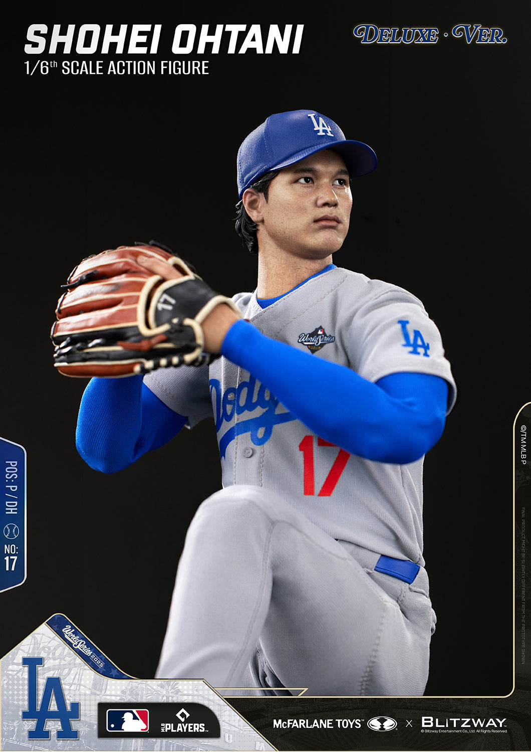 Shohei Ohtani 1/6 Scale Action Figure Deluxe Version by McFarlane Toys and Blitzway in a close-up windup pitching pose with a raised front leg and glove held in front of the chest, wearing the Los Angeles Dodgers gray uniform with realistic game-ready details.