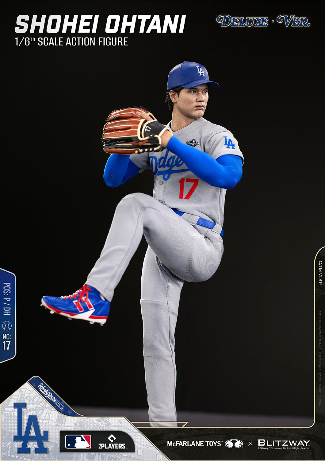 Shohei Ohtani 1/6 Scale Action Figure Deluxe Version by McFarlane Toys and Blitzway in a full-body windup pitching pose with a raised front leg and glove held at chest level, wearing the Los Angeles Dodgers gray uniform with realistic game-ready details.