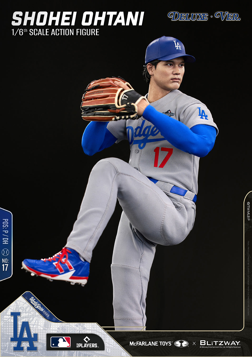 Shohei Ohtani 1/6 Scale Action Figure Deluxe Version by McFarlane Toys and Blitzway in a windup pitching pose with a raised front leg and glove held at chest level, wearing the Los Angeles Dodgers gray uniform with realistic game-ready details.