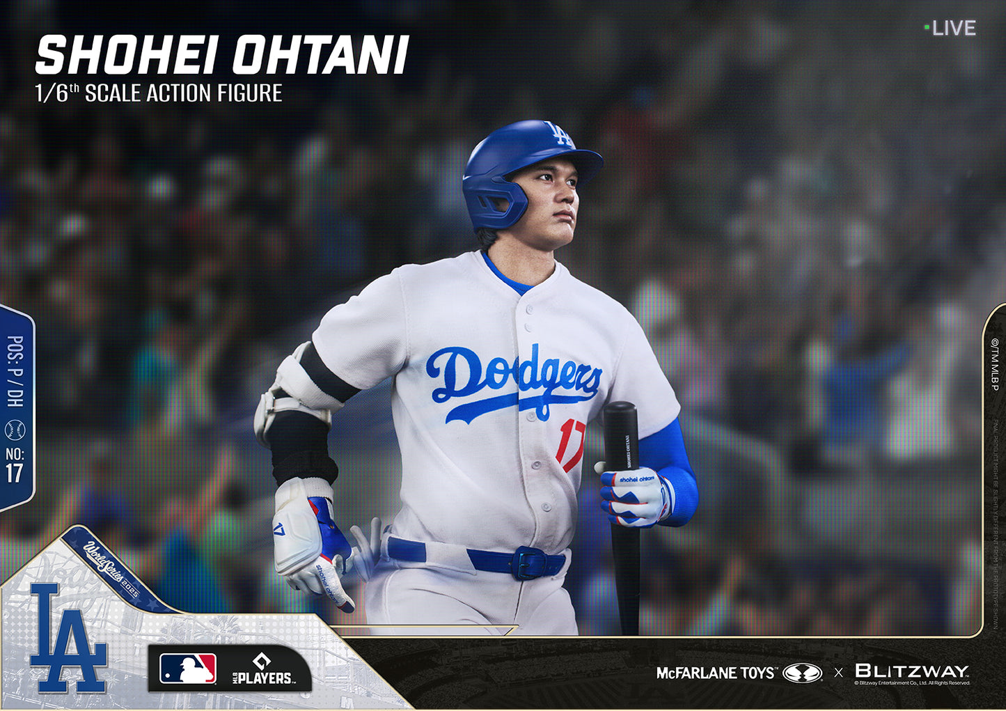 Shohei Ohtani 1/6 Scale Action Figure by Blitzway in a live game running pose, wearing the Dodgers home uniform and batting helmet, showcasing the realistic head sculpt, tailored fabric uniform, and dynamic sports display.