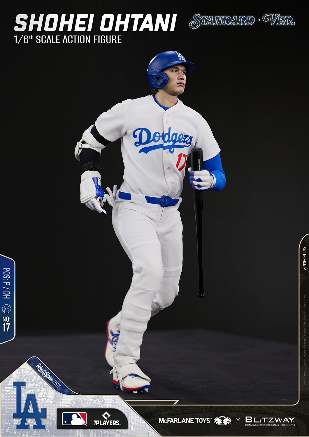 Shohei Ohtani 1/6 Scale Action Figure Standard Version in a dynamic running pose, carrying a baseball bat in his right hand while wearing the Los Angeles Dodgers home uniform.