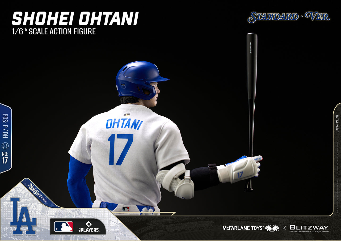 Rear view of the Shohei Ohtani 1/6 Scale Action Figure Standard Version by Blitzway, showcasing the authentic Dodgers jersey with OHTANI name and number 17, batting helmet, protective arm guard, and baseball bat.