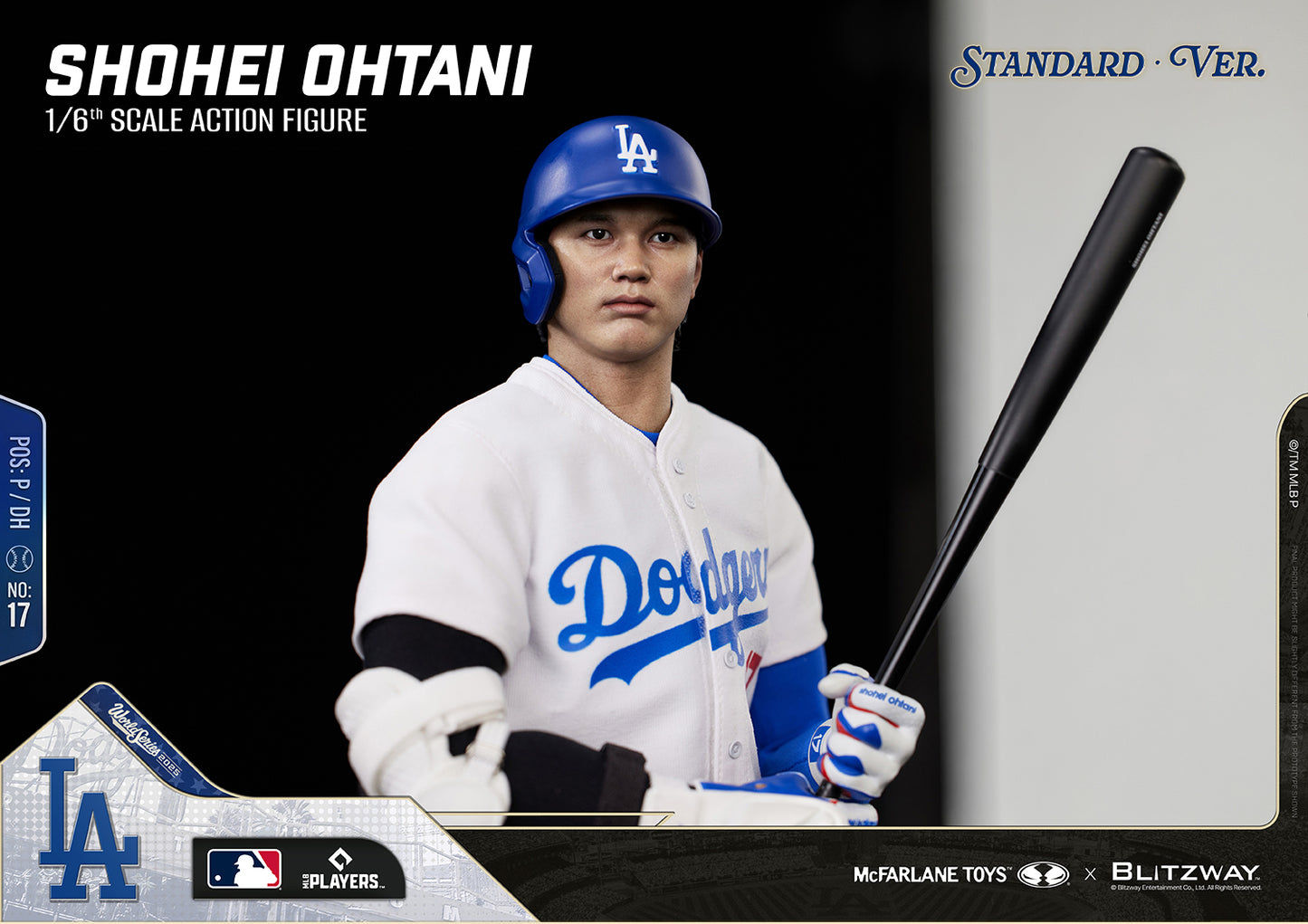 Portrait view of the Shohei Ohtani 1/6 Scale Action Figure Standard Version by Blitzway, featuring a realistic head sculpt, authentic Dodgers home uniform, batting helmet, protective arm guard, batting gloves, and baseball bat.