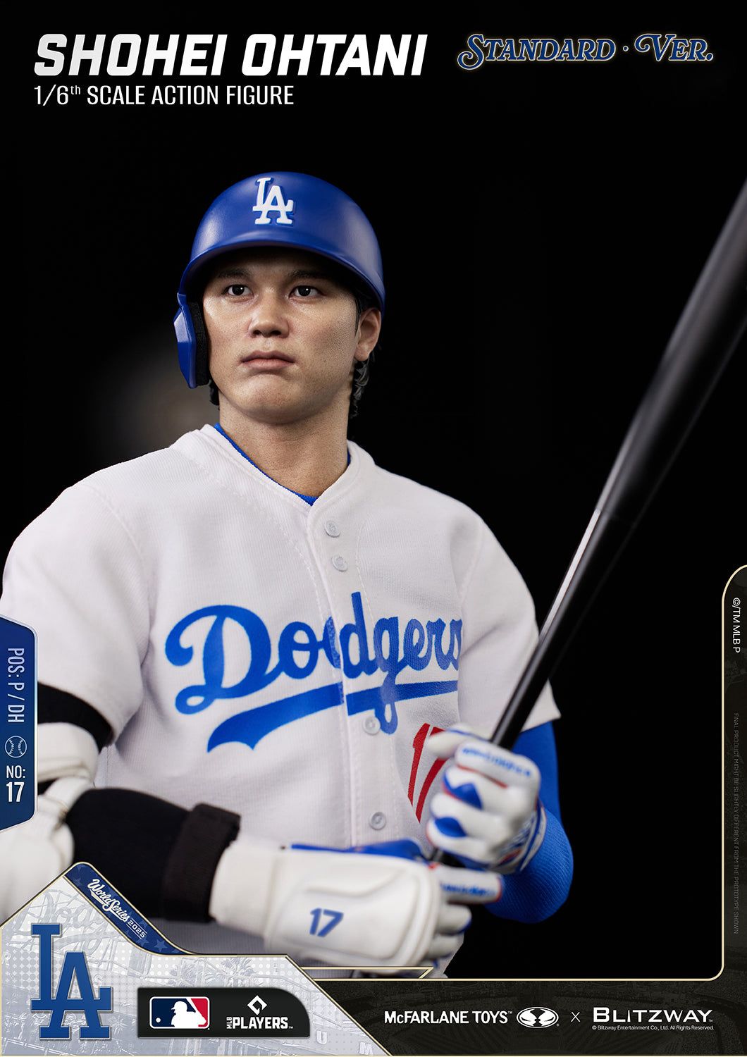 Close-up of the Shohei Ohtani 1/6 Scale Action Figure Standard Version by Blitzway in a batting stance, featuring the realistic head sculpt, authentic Dodgers home uniform, batting helmet, protective arm guard, batting gloves, and baseball bat.