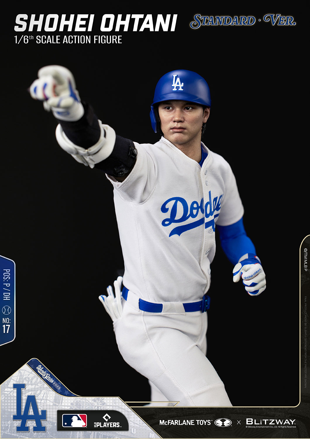 Shohei Ohtani 1/6 Scale Action Figure Standard Version in a dynamic forward-pointing pose, wearing the Los Angeles Dodgers home uniform and blue batting helmet against a black background.