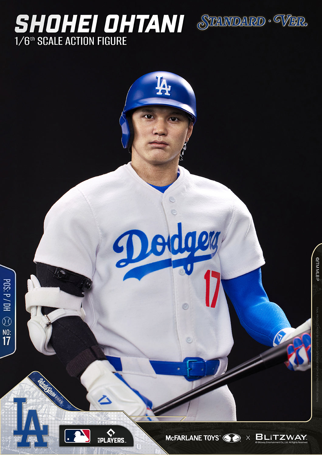 Shohei Ohtani 1/6 Scale Action Figure Standard Version in a front-facing batting-ready pose, wearing the Los Angeles Dodgers home uniform and blue batting helmet while holding a bat against a black background.