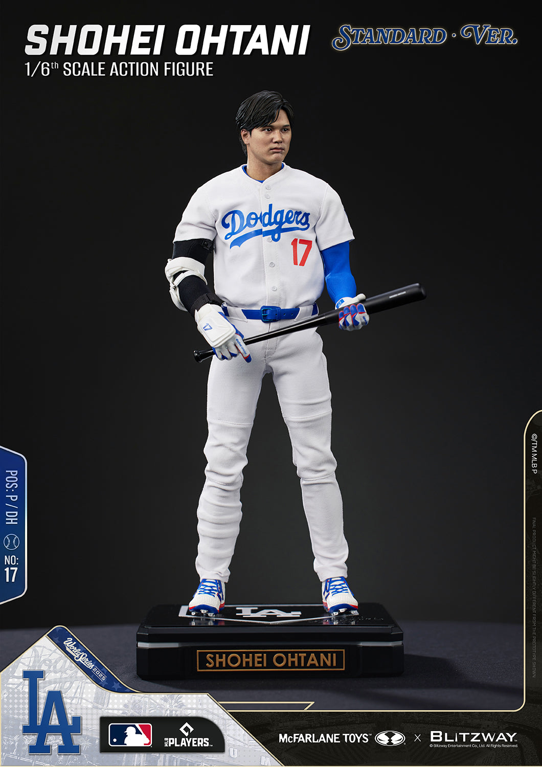 Shohei Ohtani 1/6 Scale Action Figure Standard Version by Blitzway displayed in a full-body standing pose with the alternate unhelmeted head sculpt, baseball bat, custom display base with nameplate, authentic Los Angeles Dodgers home uniform, and highly realistic fabric and sculpted details.