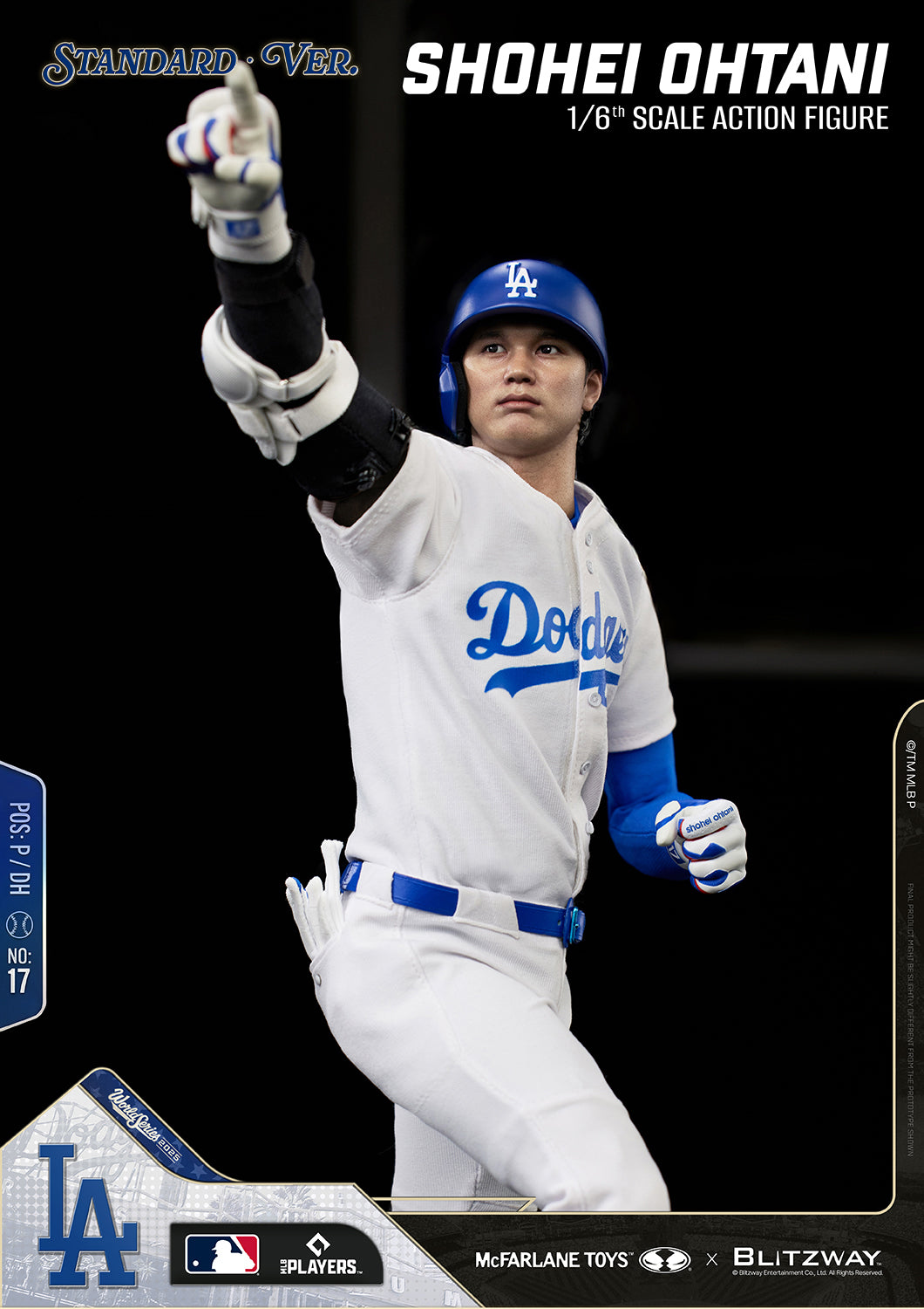Shohei Ohtani 1/6 Scale Action Figure Standard Version by Blitzway in a dynamic celebration pose with his right arm pointing upward, featuring a realistic head sculpt, authentic Los Angeles Dodgers home uniform, batting helmet, protective arm guard, batting gloves, and highly detailed fabric textures.
