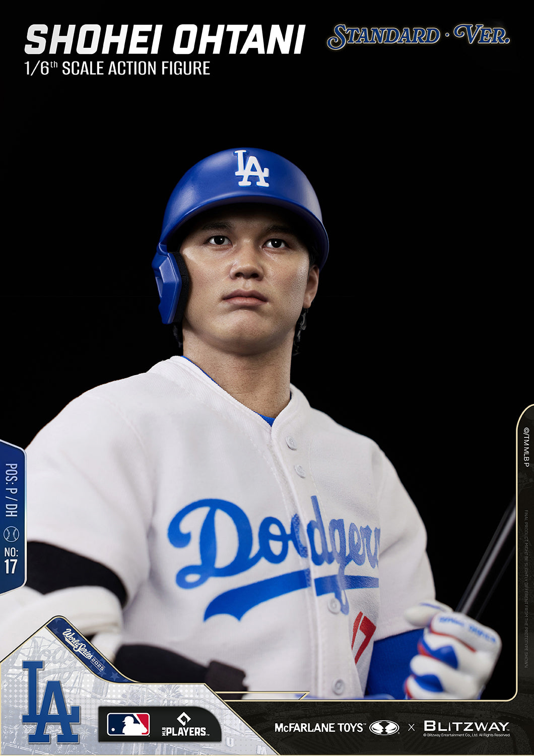 Portrait close-up of the Shohei Ohtani 1/6 Scale Action Figure Standard Version by Blitzway, showcasing the realistic head sculpt, Dodgers batting helmet, authentic home jersey, premium fabric tailoring, and highly detailed batting gloves.