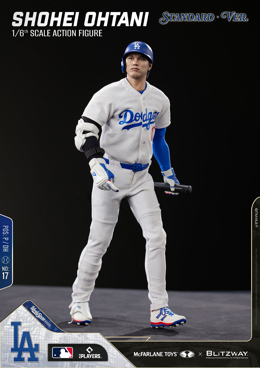 Shohei Ohtani 1/6 Scale Action Figure Standard Version by Blitzway standing in a relaxed pose while holding a baseball bat at his side, featuring a realistic head sculpt, authentic Los Angeles Dodgers home uniform, batting helmet, protective arm guard, batting gloves, and detailed fabric textures.