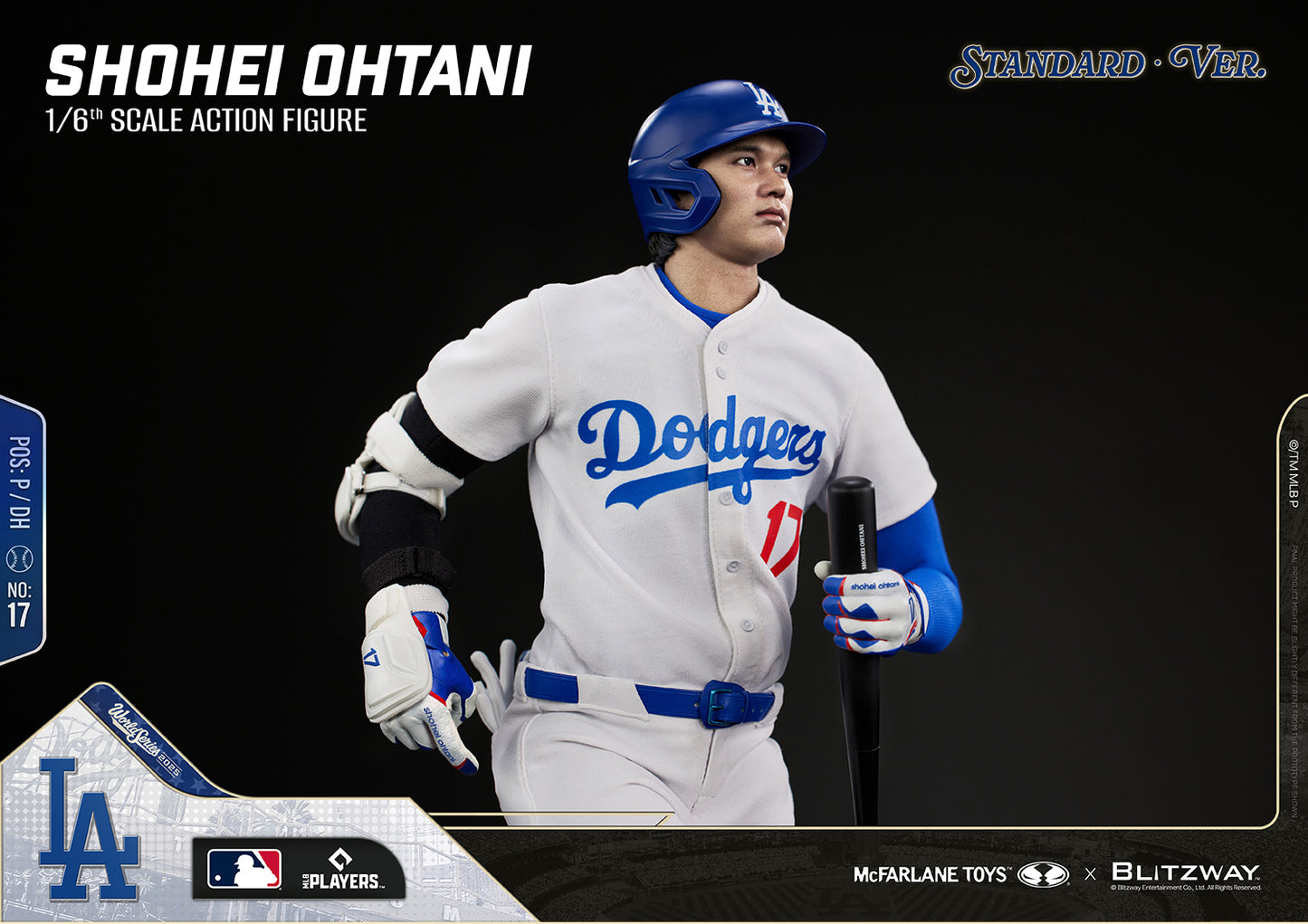 Shohei Ohtani 1/6 Scale Action Figure Standard Version by Blitzway in a dynamic running pose, featuring the authentic Dodgers home uniform, realistic head sculpt, batting helmet, protective arm guard, batting gloves, and baseball bat.