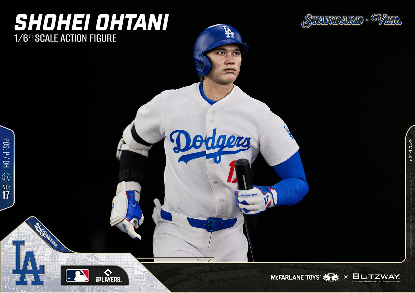 Shohei Ohtani 1/6 Scale Action Figure Standard Version by Blitzway in a running pose while holding a baseball bat, featuring a realistic head sculpt, authentic Los Angeles Dodgers home uniform, batting helmet, protective arm guard, batting gloves, and highly detailed fabric textures.