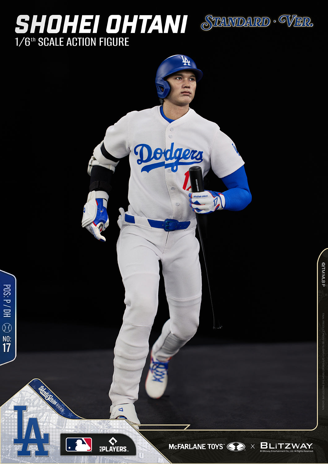 Shohei Ohtani 1/6 Scale Action Figure Standard Version in a running pose while holding a bat, wearing the Los Angeles Dodgers home uniform and blue batting helmet against a black background.