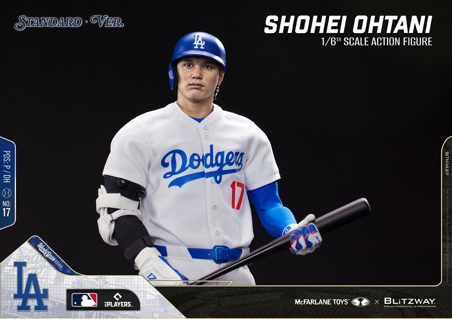 Shohei Ohtani 1/6 Scale Action Figure Standard Version by Blitzway standing with a baseball bat, featuring a realistic head sculpt, authentic Dodgers home uniform, batting helmet, protective arm guard, batting gloves, and premium fabric tailoring.