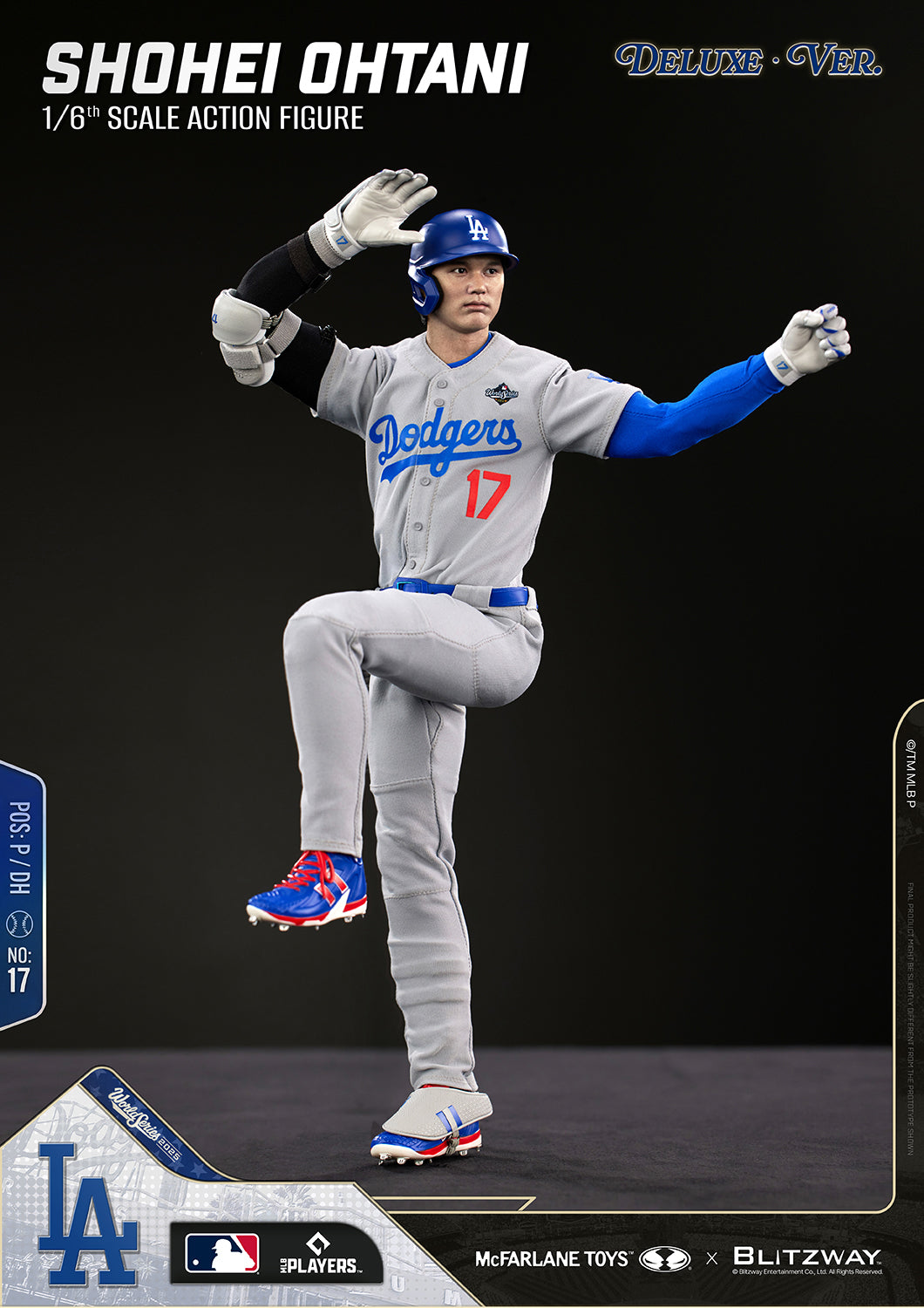 Shohei Ohtani Deluxe Ver. 1/6 Scale Action Figure in the Los Angeles Dodgers gray uniform balancing on one leg with a dynamic action pose, showcasing articulation and stability.
